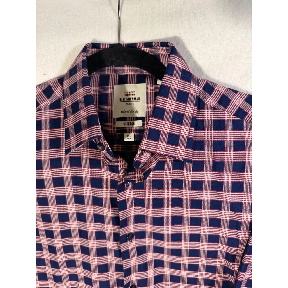 Ben Sherman Tailoring Mens Navy Pink Plaid Slim Fit Stretch Shirt 15.5 34/35